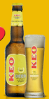 A bottle and frosty pint of KEO